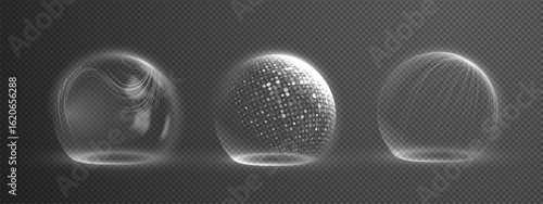 Protective shield dome set with 3D glass sphere effect and transparent barrier. Blue futuristic hexagon energy field for cyber security technology. Realistic wireframe design with holographic mesh.