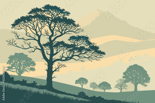 Behold a misty morning over Northern Ireland's Mourne Mountains, bathed in soft sunrise hues, modern flat illustration style