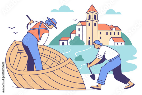 Boat builders crafting wooden vessels in Croatia, modern flat illustration style
