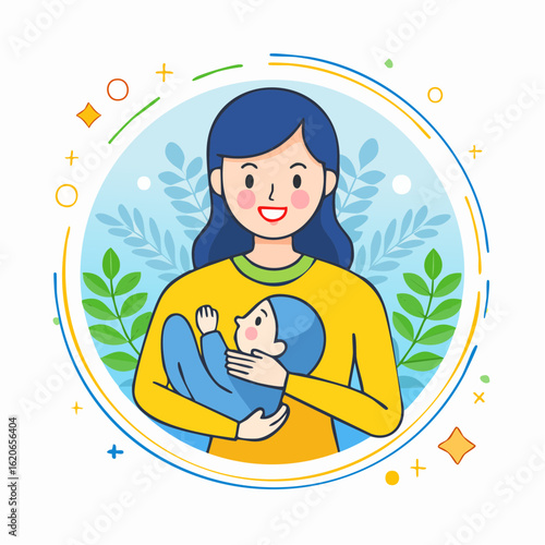 Happy mother tenderly holding her newborn baby, a beautiful illustration celebrating motherhood and maternal love