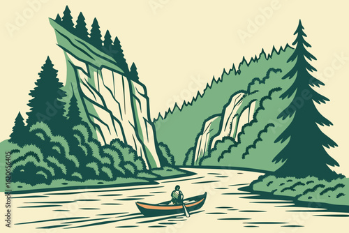 Boating on the Dunajec River through dramatic gorges in Poland, modern flat illustration style