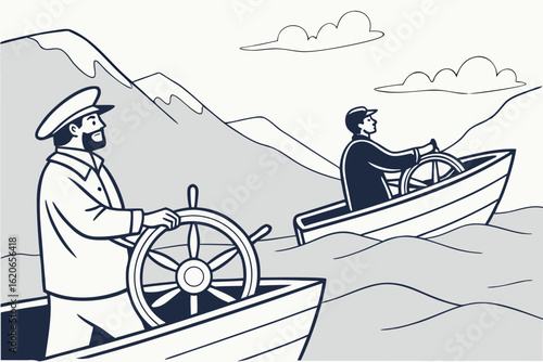 Boat captains steering through misty fjords in Croatia, modern flat illustration style
