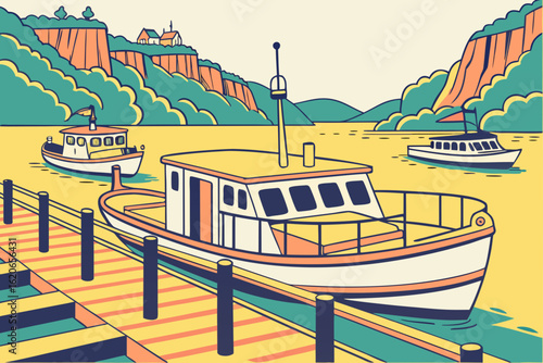 Boats docked beside colorful piers in Hungary, modern flat illustration style