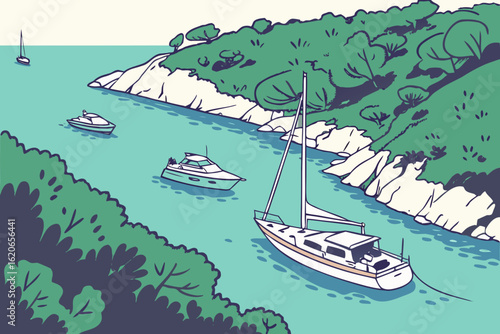 Boats floating in the blue lagoon near Krknjaši, Croatia, modern flat illustration style