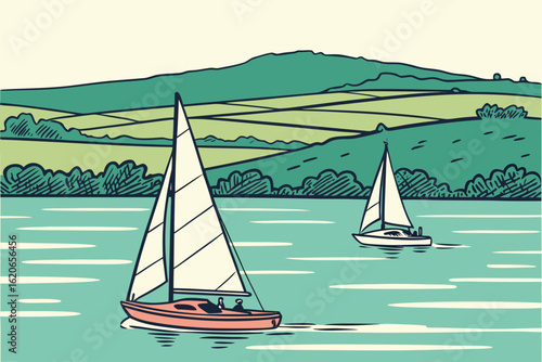Boats sailing across Lake Balaton in Hungary, modern flat illustration style