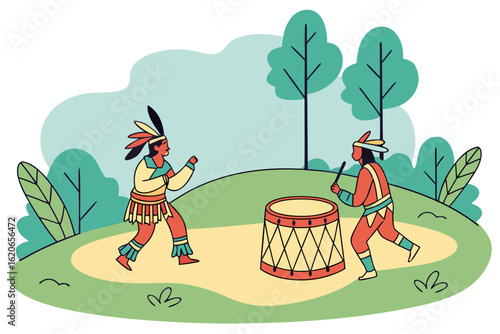 Attend a powwow celebration with dancers and drums in Minnesota, modern flat illustration style