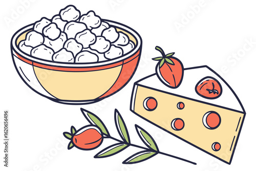 Awaken your senses with fresh cheese curds from a farmstead market in Wisconsin, United States, modern flat illustration style