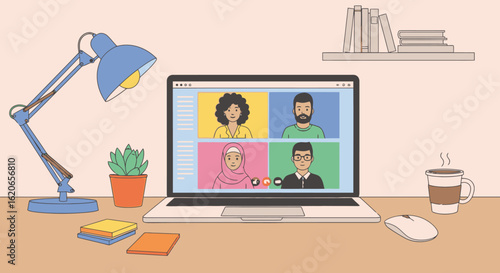 Diverse team video conference call on laptop, remote work, global communication concept