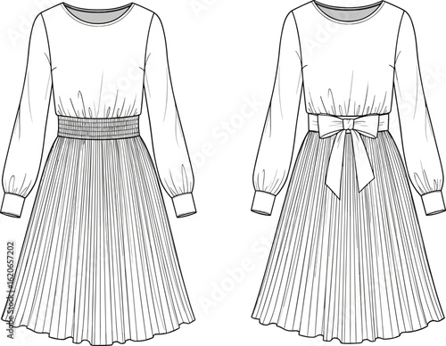  Elegant Long Sleeve Pleated Dress for Special Occasions, Featuring a Smocked Waist and Tie-Back Detail - Essential Fashion Vector for Adobe Stock.