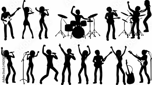 Silhouette image showing a music band performing on stage with various instruments and enthusiastic audience | editable eps vectors