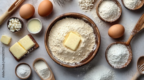 Baking ingredients such as flour sugar eggs vanilla and butter arranged with utensils and bowls on kitchen surfaces capturing the joy and process of homemade baking