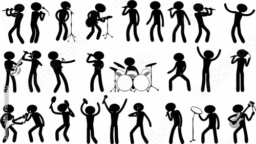 Silhouette stick figures performing music with guitars drums microphones and various musical instruments onstage | editable eps vectors