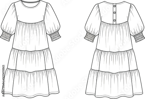  Women's Long-Sleeved Dress with Ruffled Bodice and Skirt Details, a Fashion Technical Flat Sketch Vector for Apparel Design.