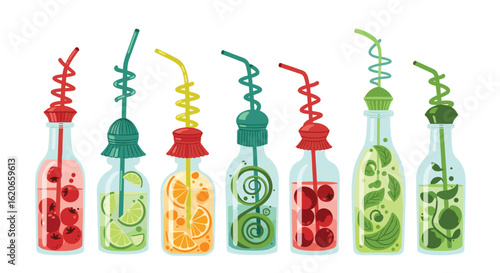 A Collection of Colorful Fruit Infused Water Bottles with Whimsical Straws Creating a Refreshing Summer Beverage Display