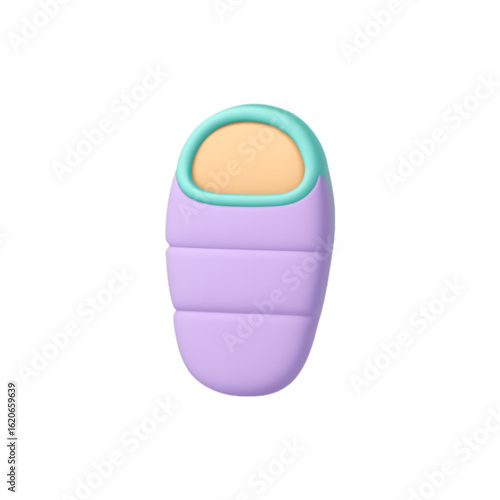 Cute baby in a purple sleeping bag isolated on transparent background