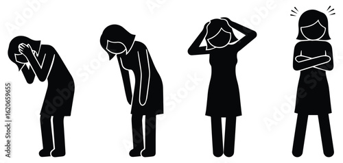 Stick Figures Depicting Burnout, Stress, Depression, and Anxiety in Various Emotional Poses – Vector Illustration