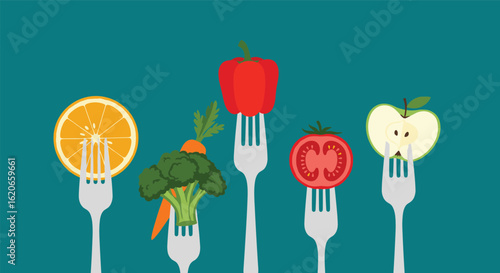 Healthy Food Options Presented on Forks Against a Teal Background