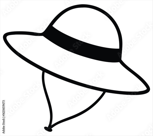 Simple line drawing of a wide-brimmed sun hat with a black band and neck flap for sun protection. This bright and charming vector illustration is ideal for use in summer-themed merchandise, fashion, 