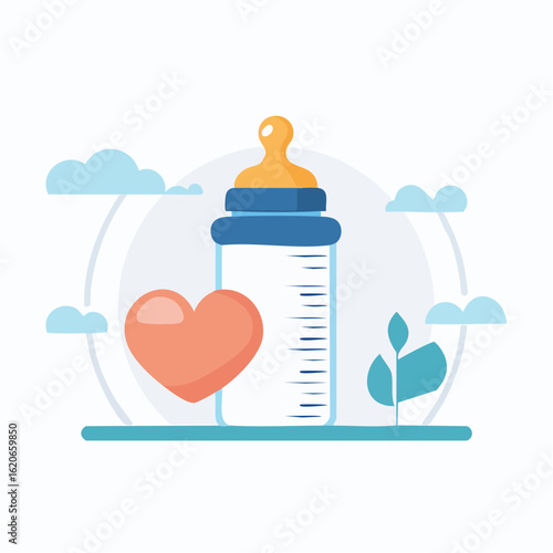 A loving illustration of essential infant care, featuring a baby bottle, a heart, and nature elements, symbolizing nourishment, growth, and the tender journey of early childhood