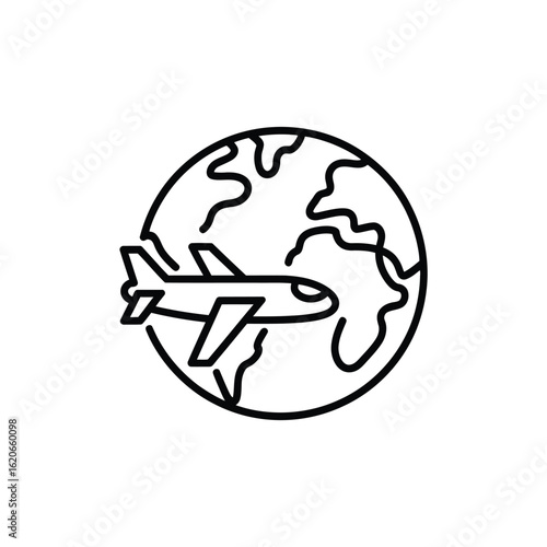 Global Air Travel Vector Icon: Airplane Flying Around Earth for International Tourism, Business Trips, and Worldwide Transportation Concepts on Clear Background