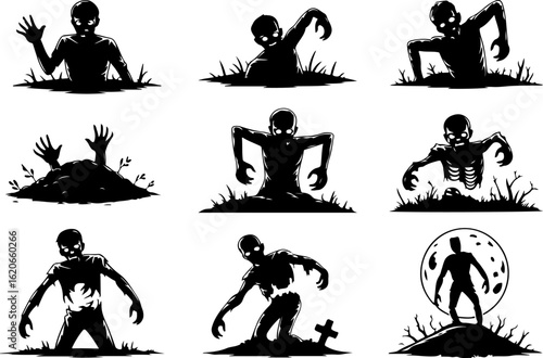 pure black silhouette vector illustrations of a zombie rising from a grave