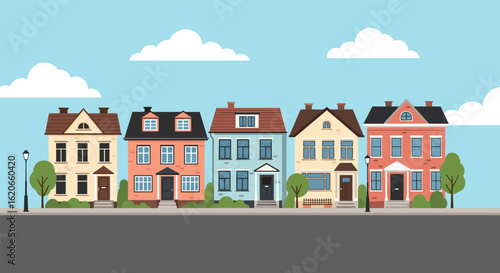 Charming Colorful Row Houses With Trees and Clouds on a Sunny Day
