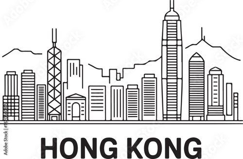 Black and White Hong Kong Skyline Silhouette Vector Illustration