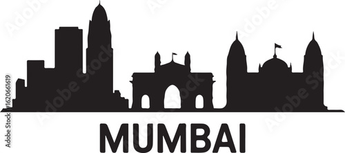 Black and White Mumbai City Skyline Silhouette Vector
