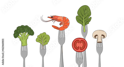 Fresh Vegetables and Seafood Presented on Forks for Healthy Eating