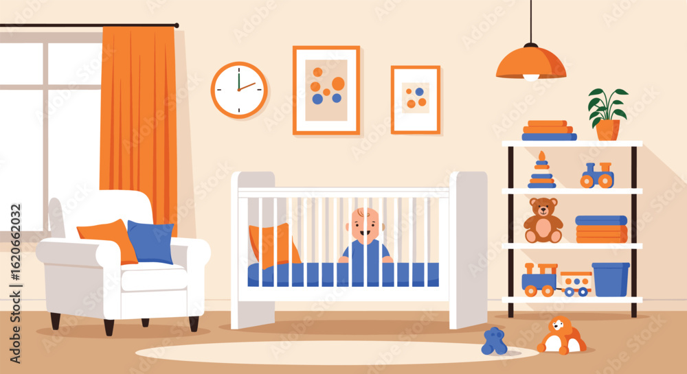 Cozy Nursery Room With White Crib Armchair Bookshelf And Toys For Baby Cozy Nursery Room With White Crib Armchair Bookshelf And Toys For Baby