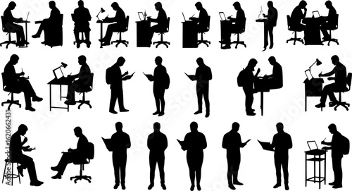 Studying people working silhouettes set, large pack of vector silhouette design, isolated white background
