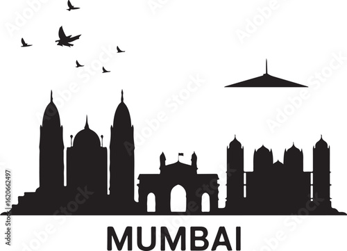 Black and White Mumbai City Skyline Silhouette Vector
