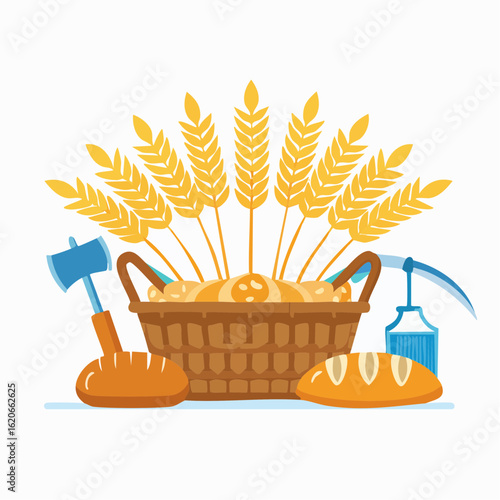 A vibrant illustration symbolizing a bountiful harvest, featuring a basket of freshly baked bread and golden wheat alongside traditional farming tools