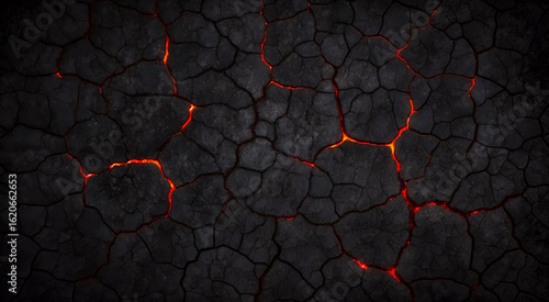 Cracked earth texture with glowing red cracks, abstract fiery texture and glowing details