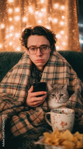 Thoughtful Person Wrapped in Plaid Blanket Holding Phone with Sleeping Cat on Lap, Glitter Mug and Snacks Nearby, Gentle Front View Lifestyle