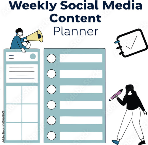 Weekly Social Media Planner: A visually engaging illustration that outlines and streamlines content creation for a week, a clean and organized design.