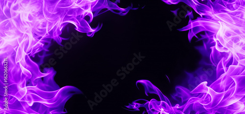 Purple fire banner with beautiful flames on a black background. Presentation of the concept of mystical energy with dynamic flowing waves.