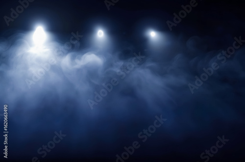 Bright spotlights cutting through smoke, atmospheric stage lighting with dynamic glow