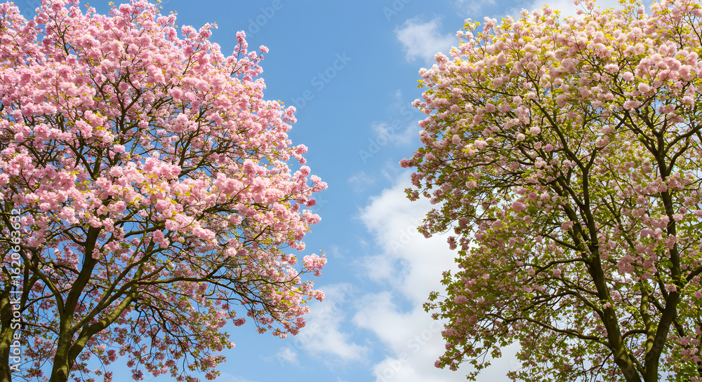 Two blossoming trees with vibrant pink flowers against a beautiful blue sky with clouds. Two blossoming trees with vibrant pink flowers against a beautiful blue sky with clouds.