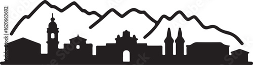 Black Silhouette of Andorra la Vella Skyline with Pyrenees Mountains