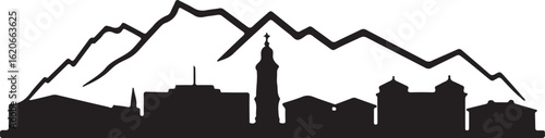 Black Silhouette of Andorra la Vella Skyline with Pyrenees Mountains