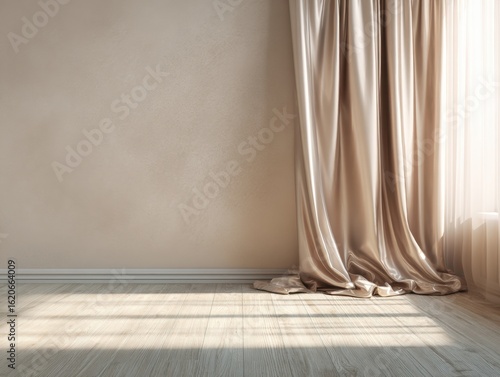 Fototapeta Naklejka Na Ścianę i Meble -  A room with a white wall and a curtain hanging over the window. The curtain is made of a shiny, silky material and is white in color. The curtain is hanging over the window