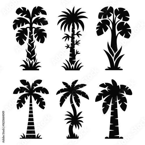 Tropical tree trunks with large leaf icon silhouette pack in black and white isolated vector icons
