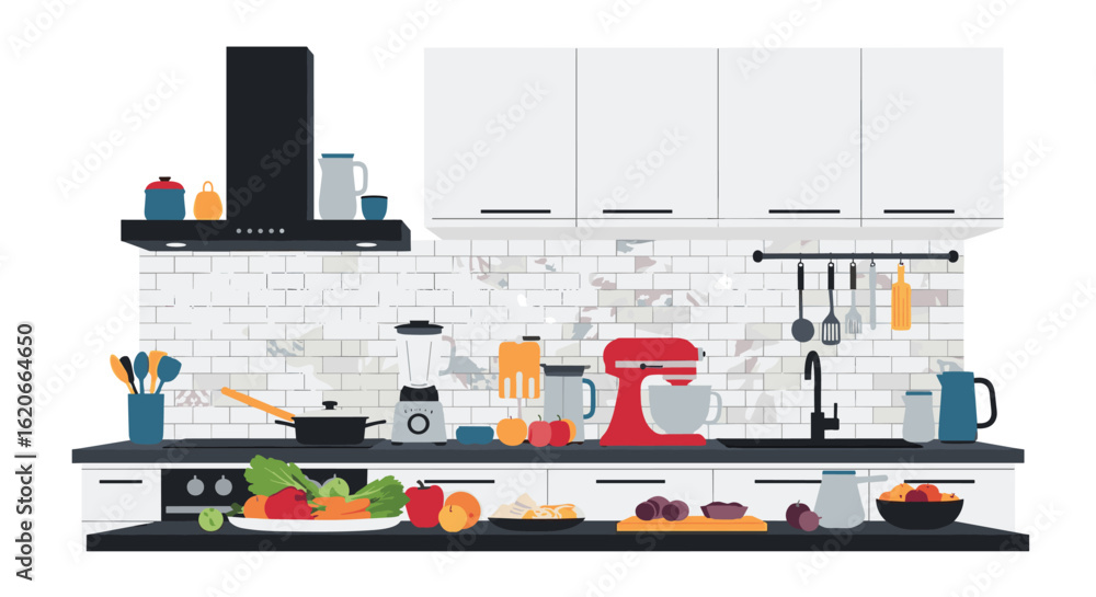 Modern Kitchen Design with Fresh Ingredients and Cooking Appliances for Culinary Creations Modern Kitchen Design with Fresh Ingredients and Cooking Appliances for Culinary Creations
