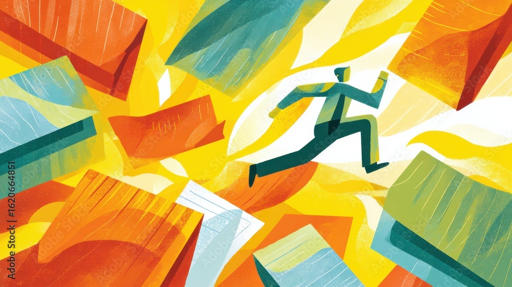 Fototapeta premium Businessman running away from burning documents representing stress and workload