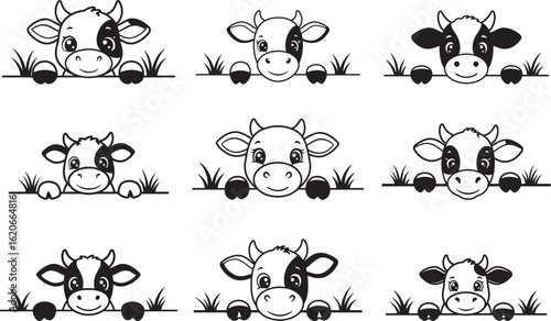 Cute cow faces peeking over a line silhouette