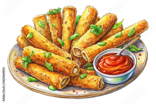 watercolor fried food with sauce on plate clip art preview
