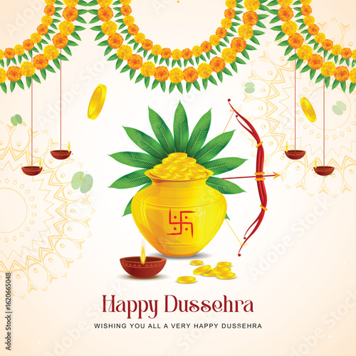 Traditional Dussehra vector illustration featuring bow and arrow, glowing diya, kalash with mango leaves and marigold flowers on rich red background. Perfect for greeting cards and festive digital con