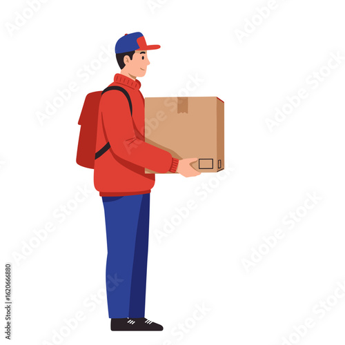 Delivery man holding cardboard box and waiting for recipient on transparent background, vector, isolated