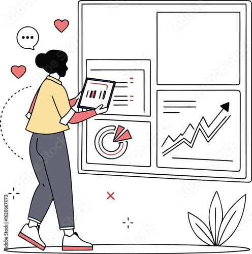 Data Analysis and Strategy: A professional woman engages with data visualization, interacting with interactive charts and graphs on a digital device, indicative of data-driven decision-making.